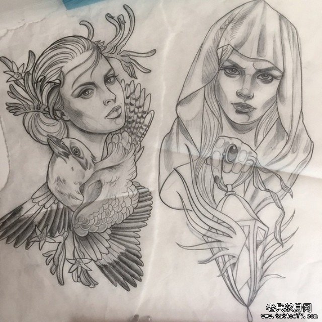 欧美女郎鸟纹身图案手稿
