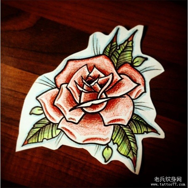 欧美 old school玫瑰彩色纹身图案手稿