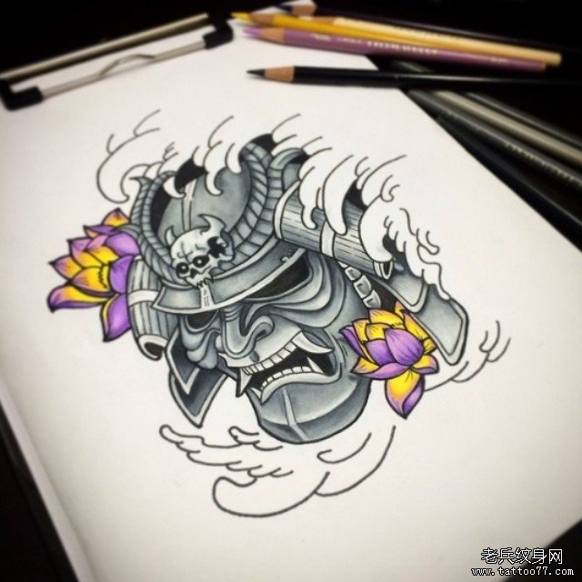 传统鬼武士莲花纹身图案手稿