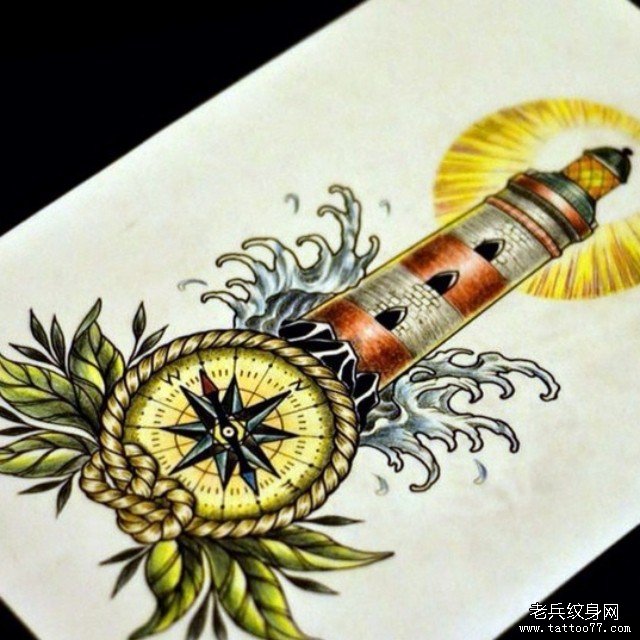 欧美彩色灯塔海浪纹身图案手稿