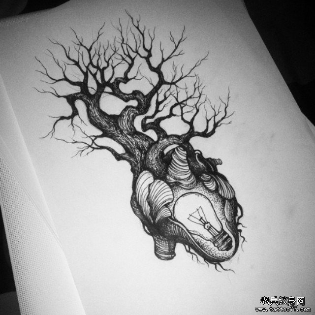 欧美暗黑系心脏树纹身图案手稿