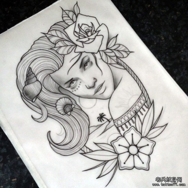 欧美女郎玫瑰线条纹身图案手稿