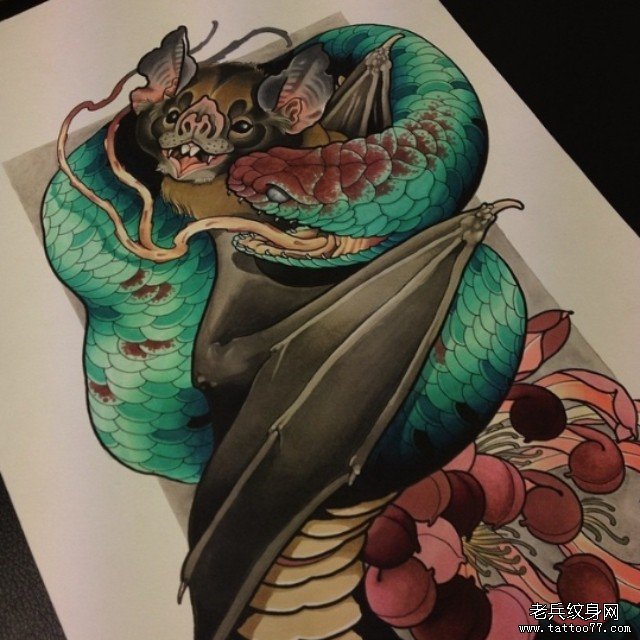 欧美蛇蝙蝠菊花纹身图案手稿