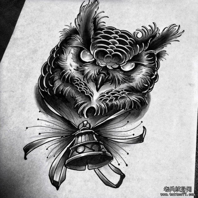 欧美暗黑系猫头鹰school纹身图案手稿