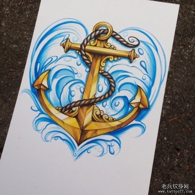 欧美船锚海浪彩色纹身图案手稿