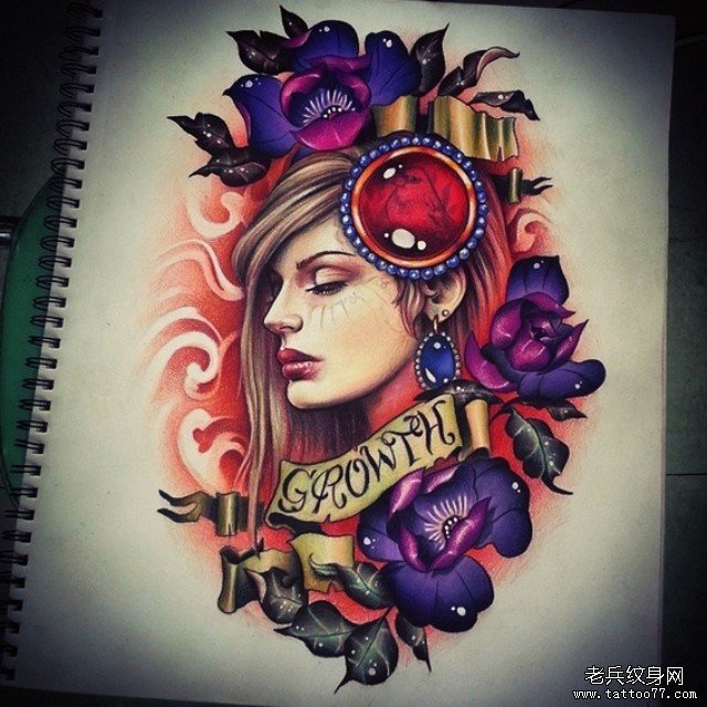 欧美女郎彩色花卉纹身图案手稿