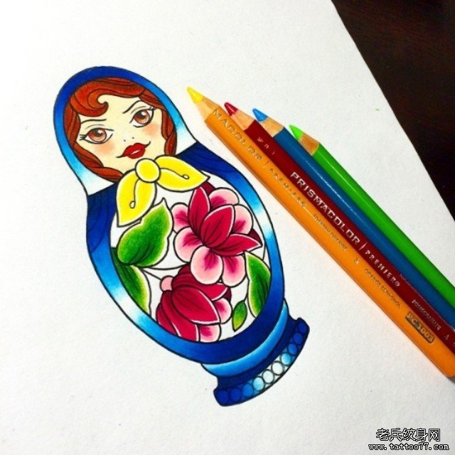 欧美彩色套娃纹身图案手稿