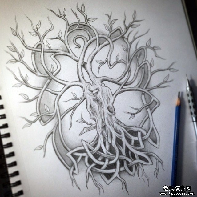 欧美school树黑灰纹身图案手稿