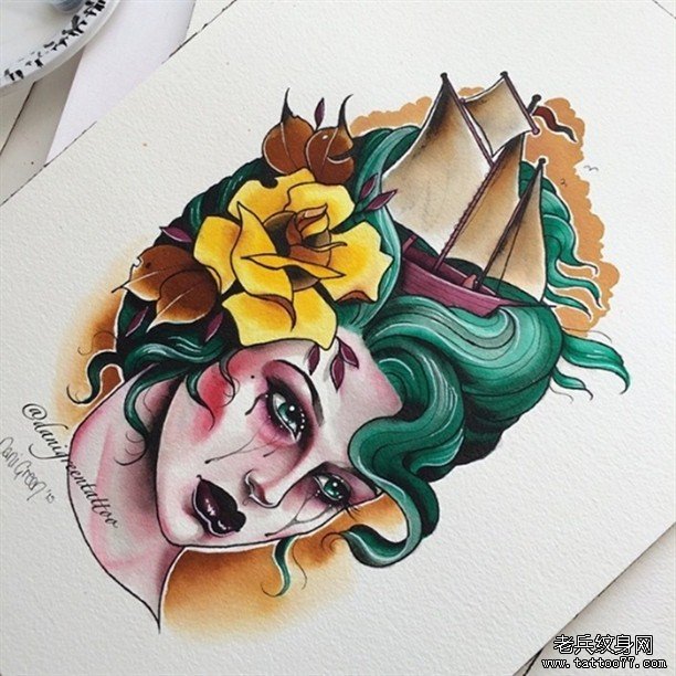 欧美school女郎玫瑰花纹身图案