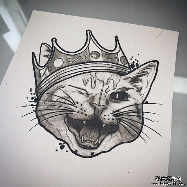 欧美猫皇冠纹身图案手稿