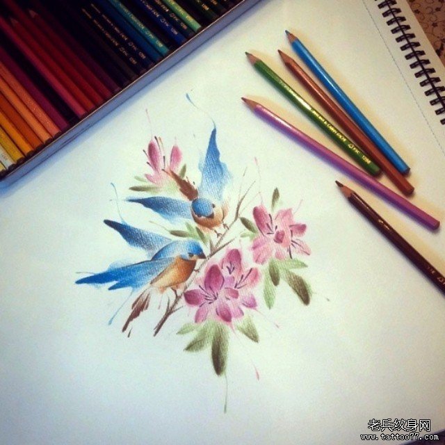 欧美小清新鸟花卉纹身图案手稿