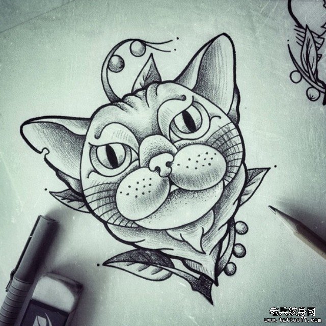 欧美黑灰卡通猫纹身图案手稿