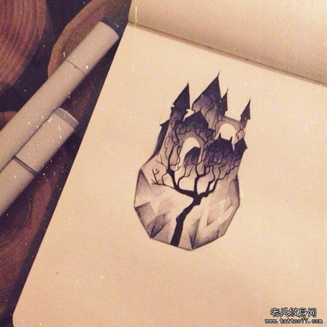 欧美城堡树纹身图案手稿
