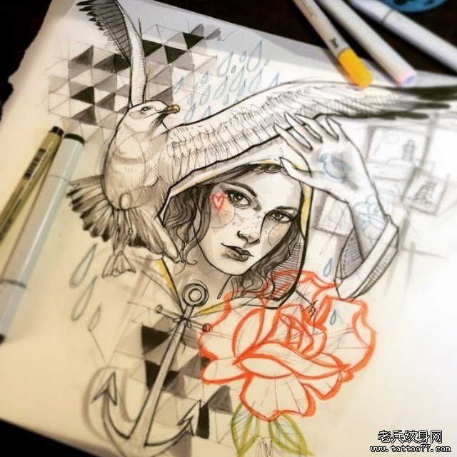 欧美女郎鸽子纹身图案手稿