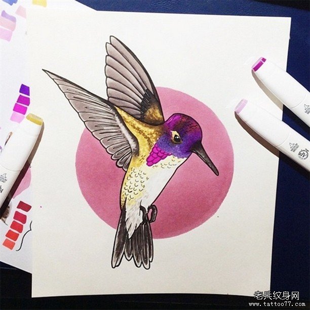欧美蜂鸟彩色纹身图案手稿