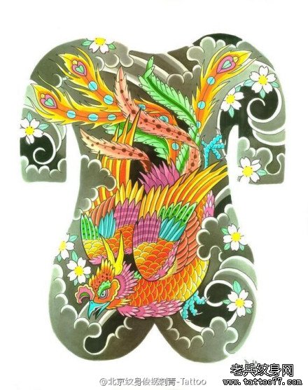 日式老传统满背凤凰纹身图案手稿