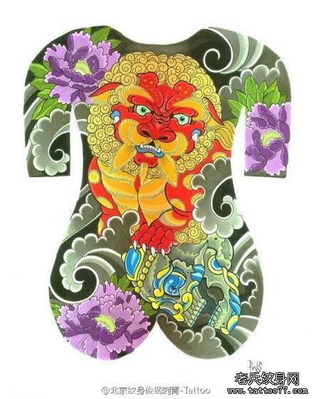 日式老传统唐狮纹身图案手稿