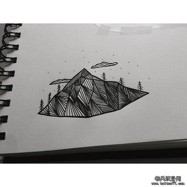 欧美山脉线条几何纹身图案手稿