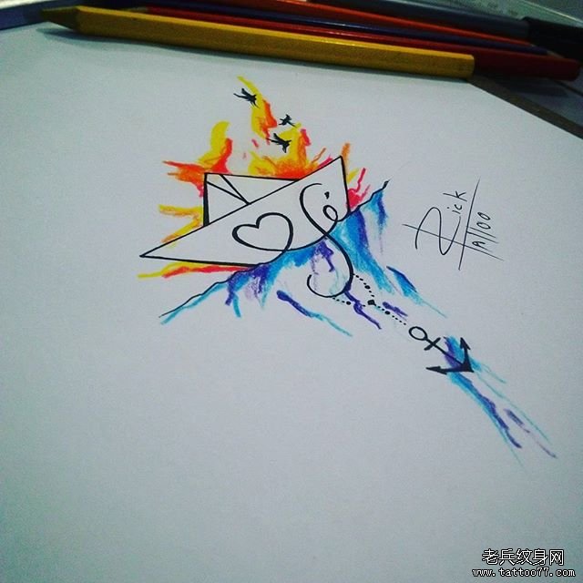 小清新帆船泼墨纹身图案手稿