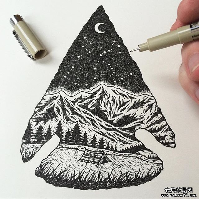 欧美点刺山脉风景纹身图案手稿