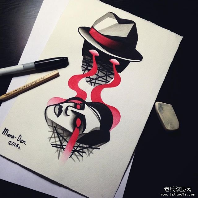 欧美暗黑系school人像纹身图案手稿