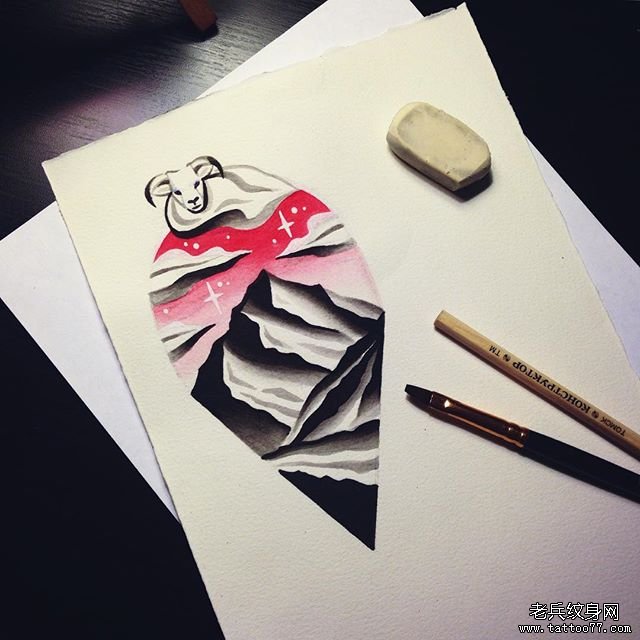 欧美school山脉风景纹身图案手稿