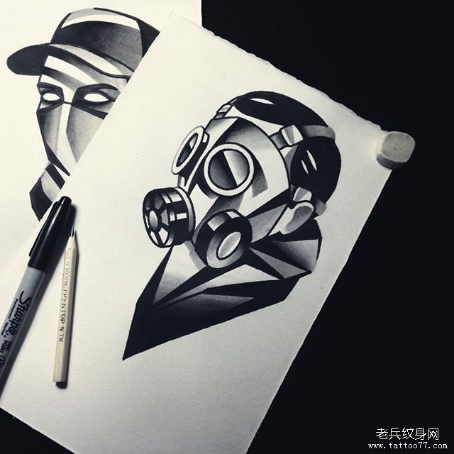 暗黑系防毒面罩人像纹身图案手稿
