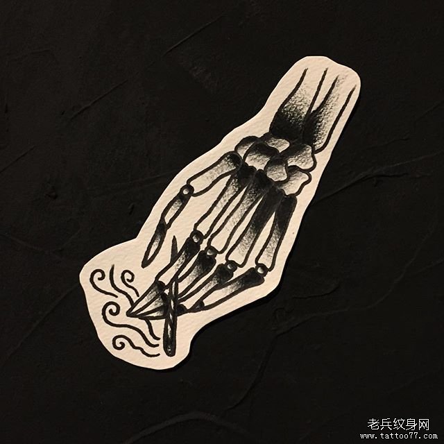 欧美school点刺骷髅手纹身图案手稿