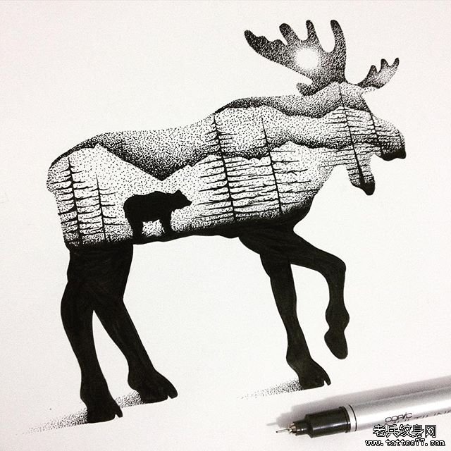 欧美点刺麋鹿熊树林纹身图案手稿