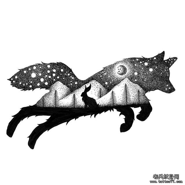点刺狐狸兔子树林纹身图案手稿