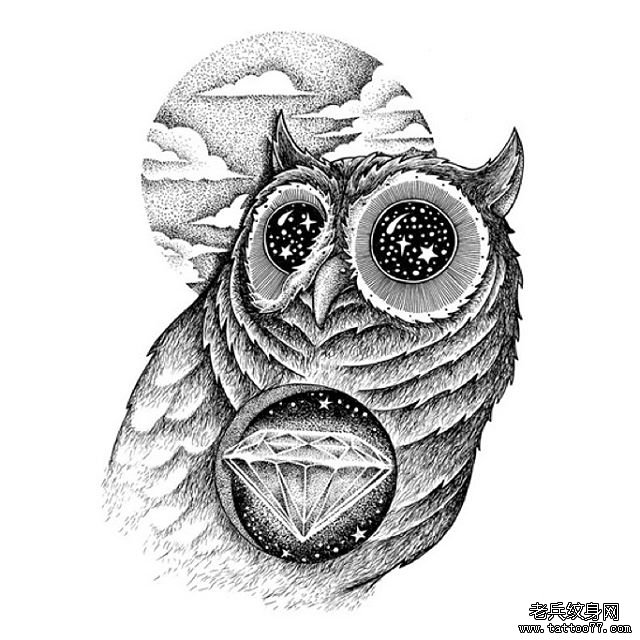 点刺猫头鹰欧美纹身图案手稿