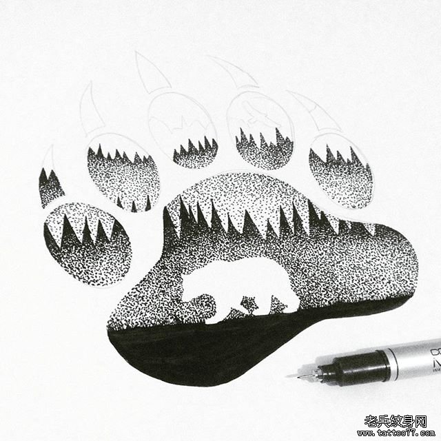 欧美点刺熊掌熊纹身图案手稿