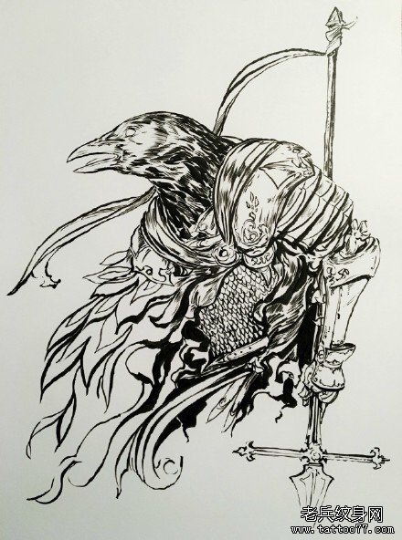 传统乌鸦武士纹身图案手稿
