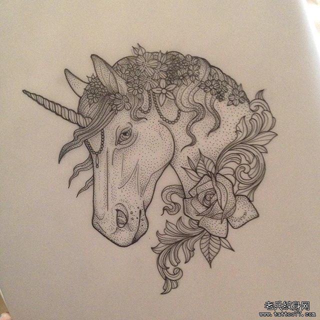 欧美独角兽花卉点刺纹身图案手稿