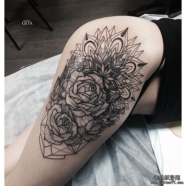 大腿欧美梵花玫瑰纹身图案