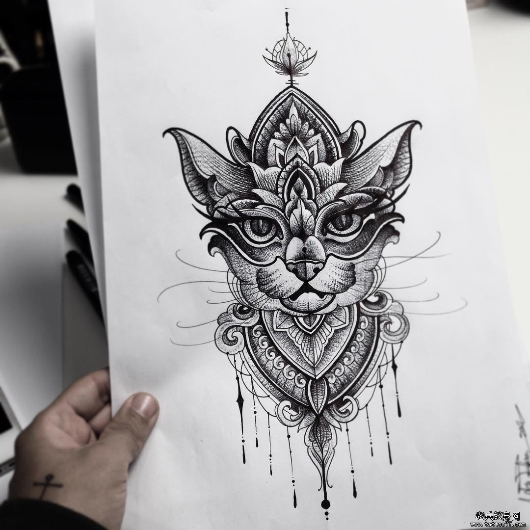 欧美猫梵花纹身图案手稿