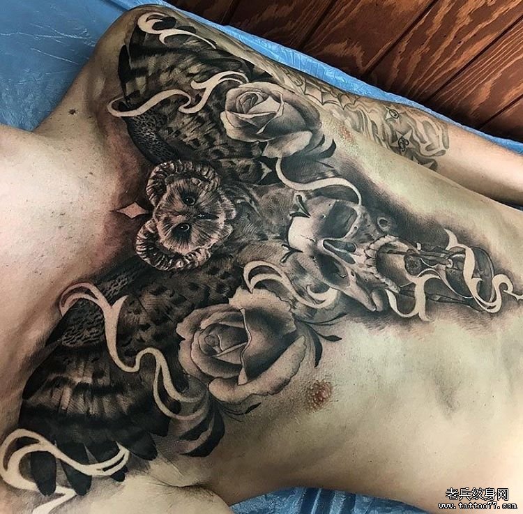 欧美花胸猫头鹰玫瑰黑灰纹身图案