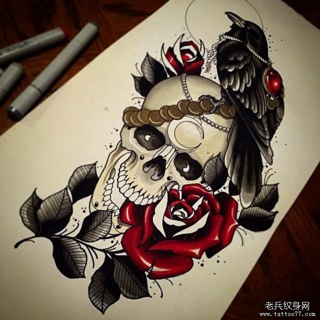 欧美school骷髅乌鸦玫瑰花纹身图案手稿