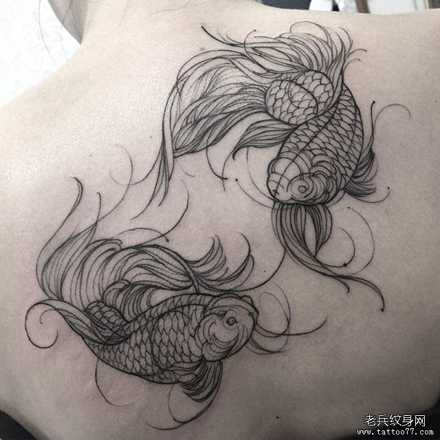 背部双鱼欧美线条纹身图案