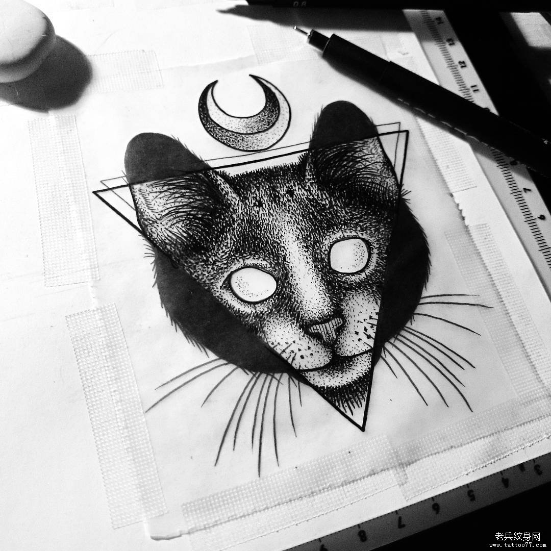 欧美猫点刺月亮纹身图案手稿