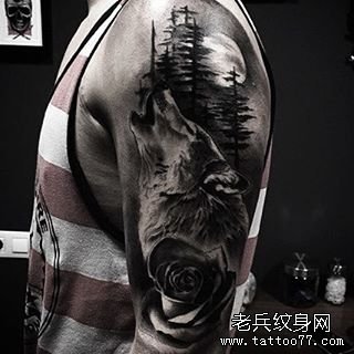 大臂欧美森林玫瑰狼纹身图案