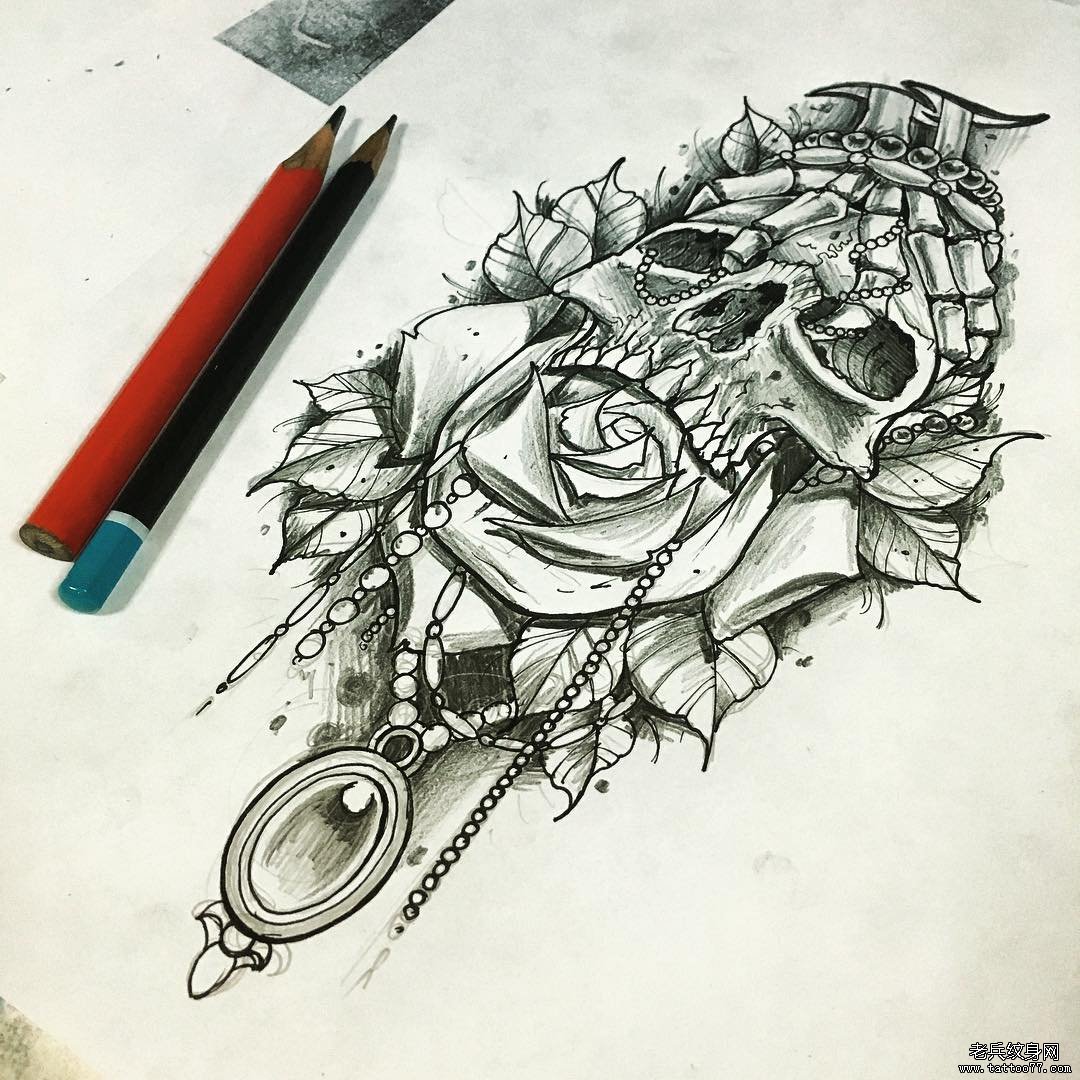 欧美骷髅宝石花卉黑灰纹身图案手稿