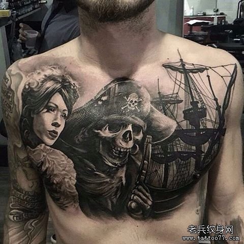 花胸骷髅海盗欧美黑灰纹身图案