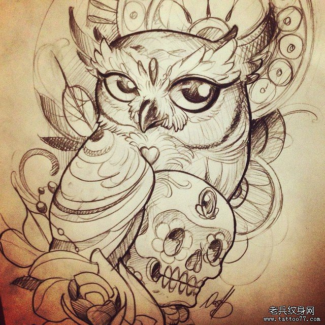 欧美猫头鹰骷髅纹身图案手稿