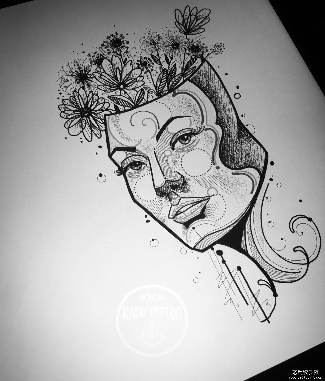 欧美面具花卉黑灰纹身图案手稿