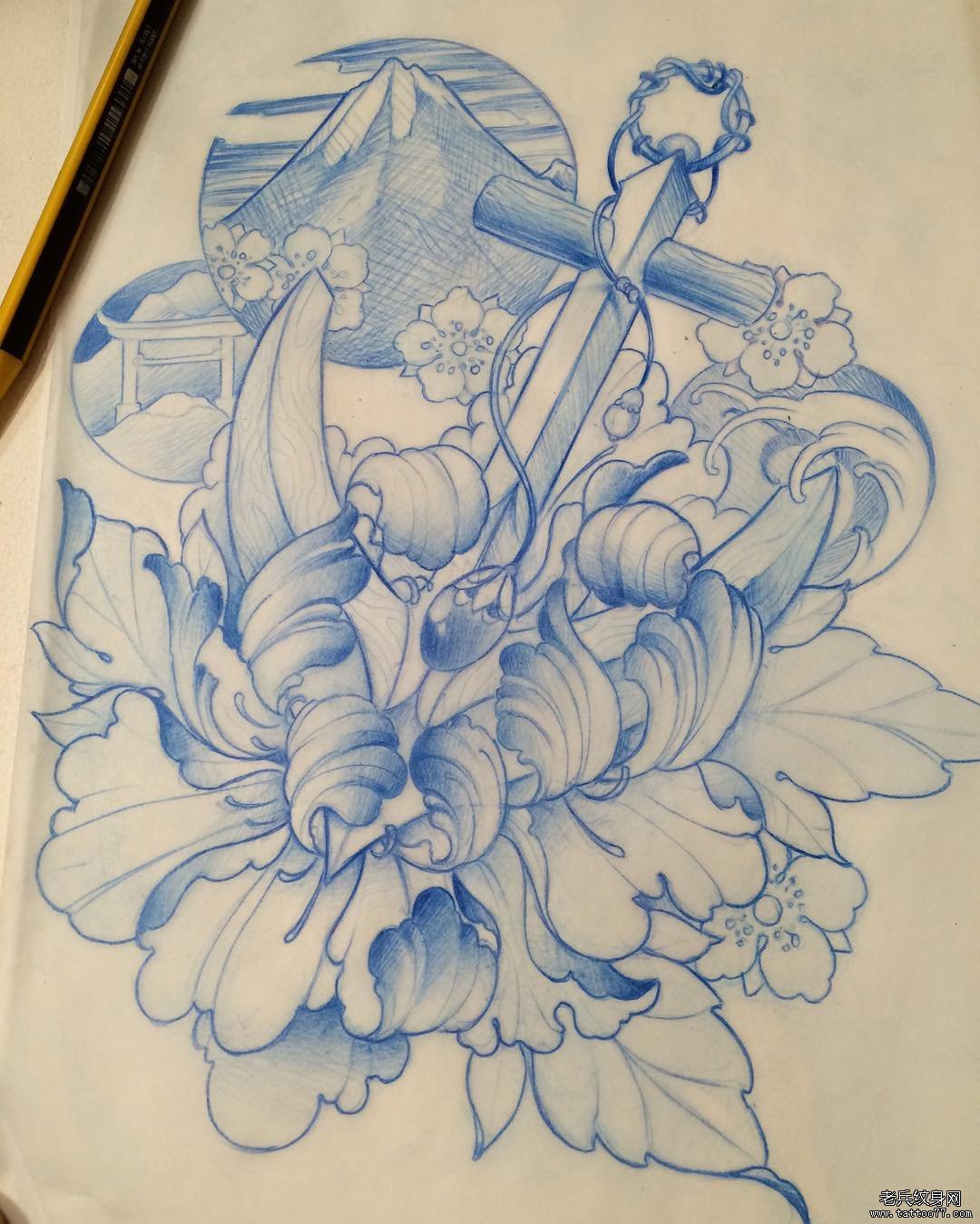 欧美花卉船锚纹身图案手稿