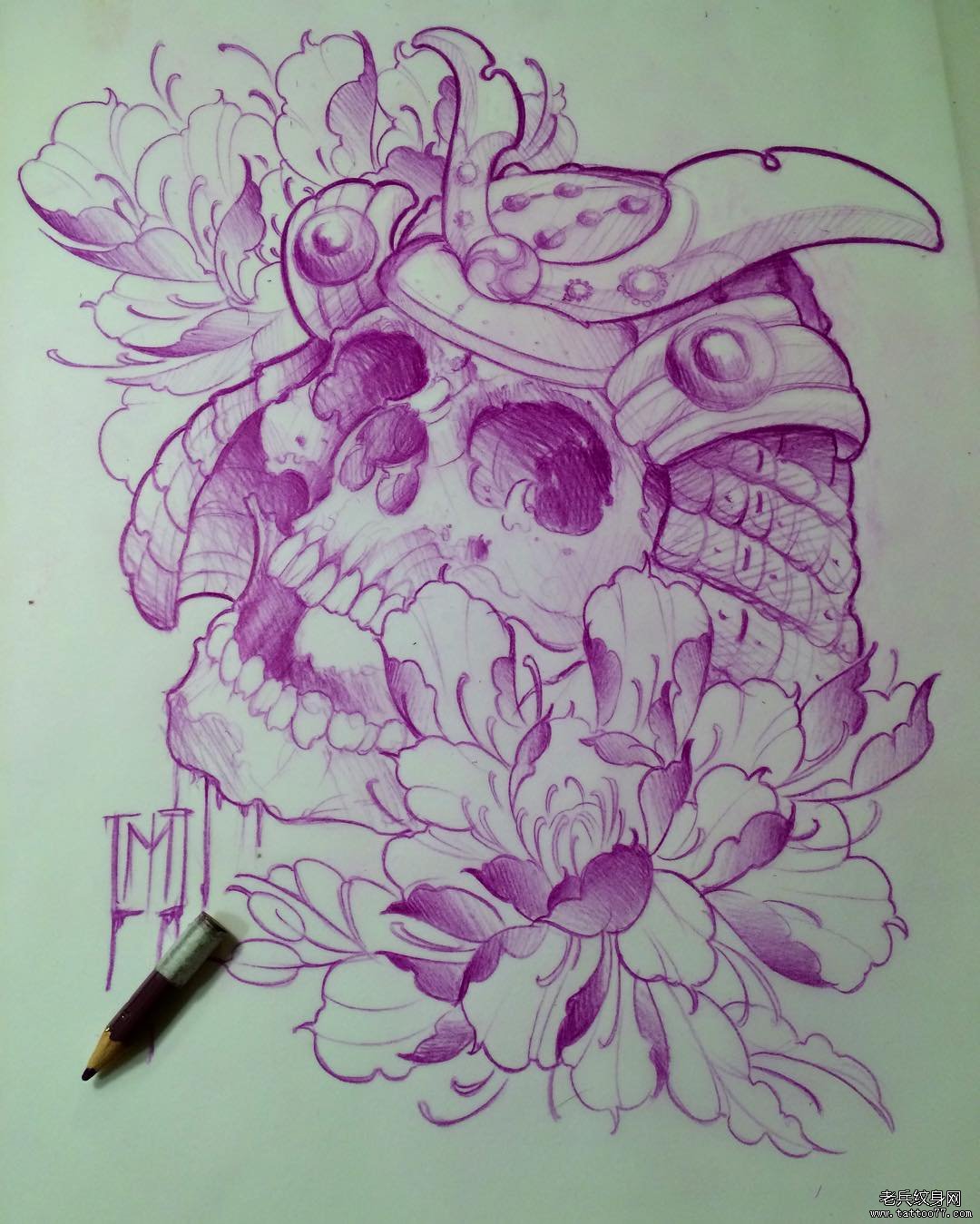 传统鬼武士菊花纹身图案手稿