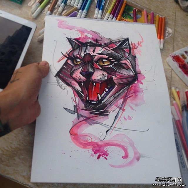 欧美线条猫泼墨纹身图案手稿