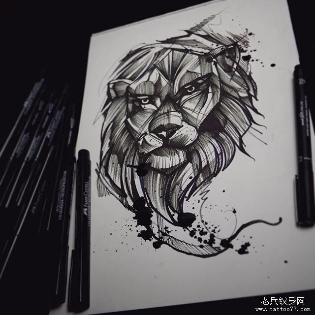 欧美狮子线条泼墨纹身图案手稿