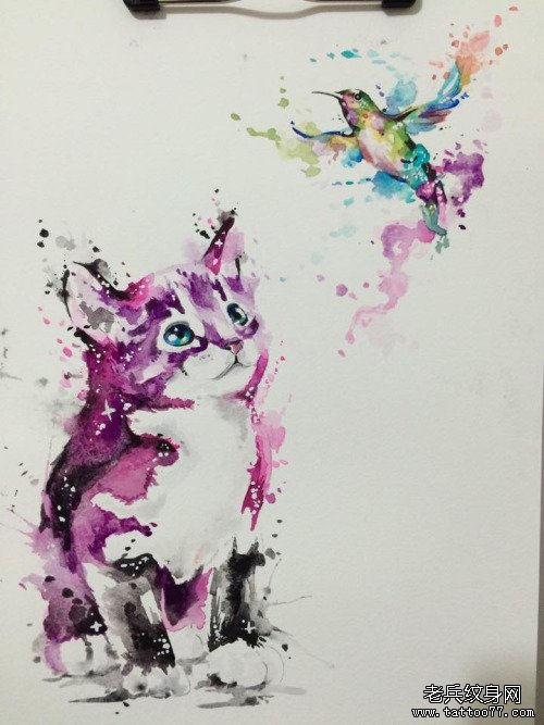 彩色猫蜂鸟泼墨纹身图案手稿